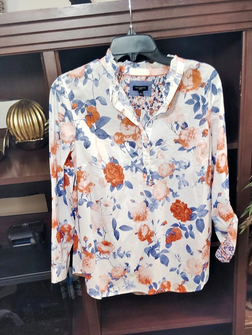 Talbots Floral Cotton Blouse in White & Blue Size Large Petite